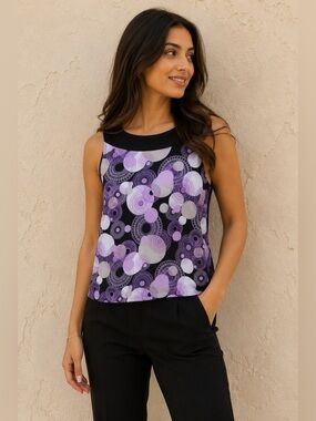 JTB Purple Black Sleeveless Blouse  Career Chic Top | Medium